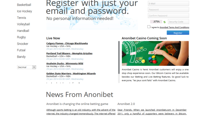 A screenshot of the Anonibet homepage